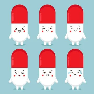 Cute Pill Characters With Various Expression Stock Illustration