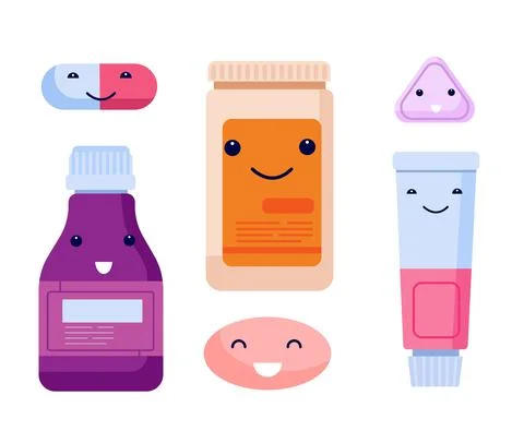Cute pills. Antibiotics characters, cartoon pill medication. Funny flat drugs Stock Illustration