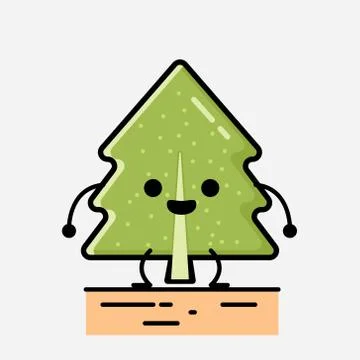 Cute Pine Tree Mascot Vector Character in Flat Design Style 스톡 일러스트