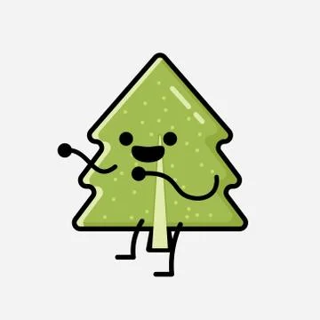 Cute Pine Tree Mascot Vector Character in Flat Design Style 스톡 일러스트