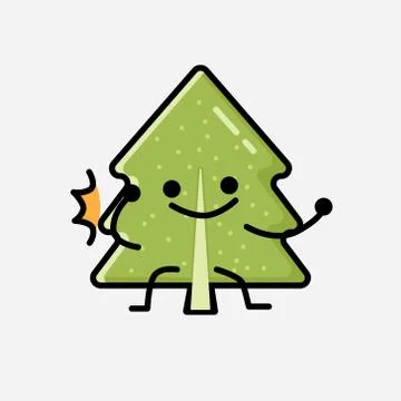 Cute Pine Tree Mascot Vector Character in Flat Design Style 스톡 일러스트