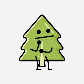 Cute Pine Tree Mascot Vector Character in Flat Design Style 스톡 일러스트