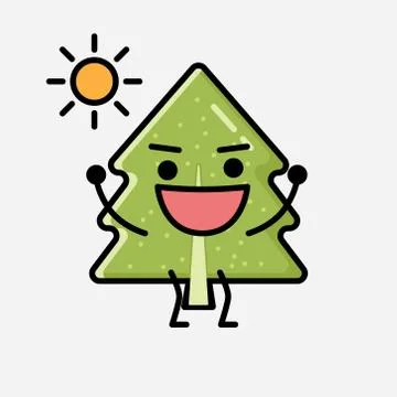 Cute Pine Tree Mascot Vector Character in Flat Design Style 스톡 일러스트