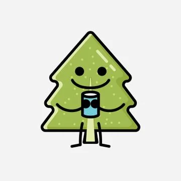 Cute Pine Tree Mascot Vector Character in Flat Design Style 스톡 일러스트
