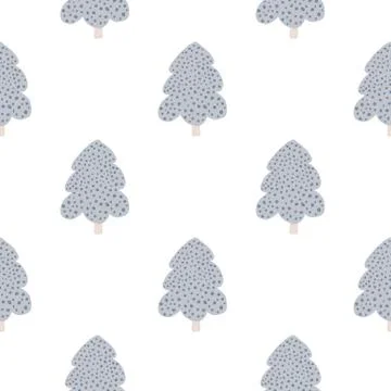 Cute pine tree seamless pattern on white background. Forest backdrop in doodl Stock Illustration