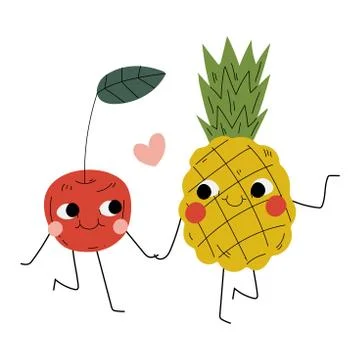 Cute Pineapple and Cherry Holding Hands, Cheerful Berry and Fruit Characters Stock Illustration