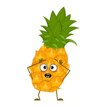 Cute pineapple character with emotions in a panic grabs his head, face, arms and Illustrazione stock
