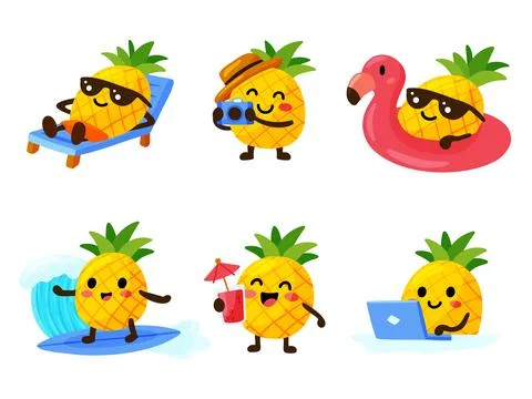 Cute Pineapple Character Summer Activities Clipart Illustrazione stock