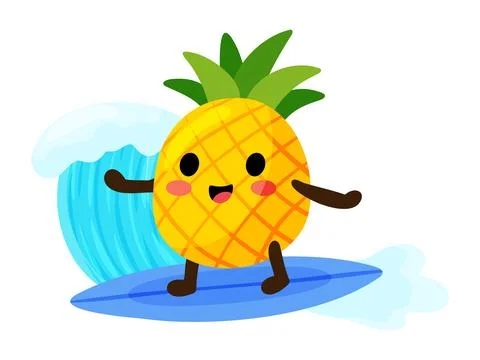 Cute Pineapple Character Surfing on Ocean Wave 库存插图
