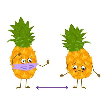 Cute pineapple characters with emotions, face and mask keep distance, arms and Stock Illustration