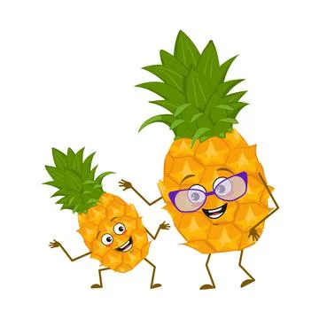 Cute pineapple characters with emotions, face. Funny grandmother with glasses Stock Illustration