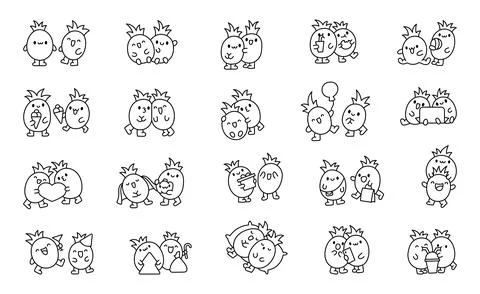 Cute pineapples with funny faces. Coloring Page. Stock Illustration