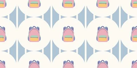 Cute pink backpack pattern with rounded shapes on blue and beige background イラスト素材