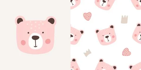 Cute pink bear face and seamless pattern with bear heads, hearts, and crowns. Stock Illustration