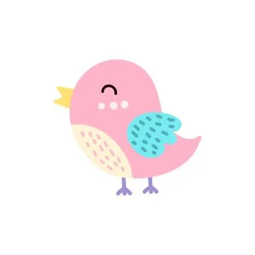 Cute pink bird Isolated element. Funny character for baby shower and kids design Stock Illustration