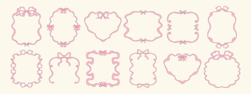 Cute pink bow frames set. Coquette aesthetic ribbon border templates collec.. Stock Illustration