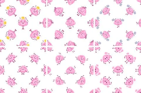 Cute Pink Brain Characters Seamless Pattern Showing Different Activities Illustrazione stock