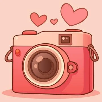 Cute pink cartoon camera with floating hearts illustration of love Stock Illustration