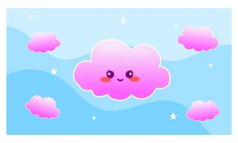 A cute pink cartoon cloud with a smiling face in bright blue sky Stock Illustration