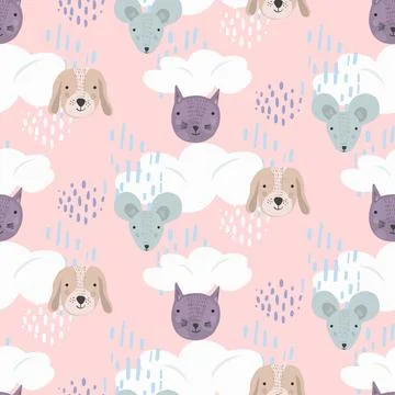 Cute pink cartoon pattern with cats, dogs and mice Stock Illustration