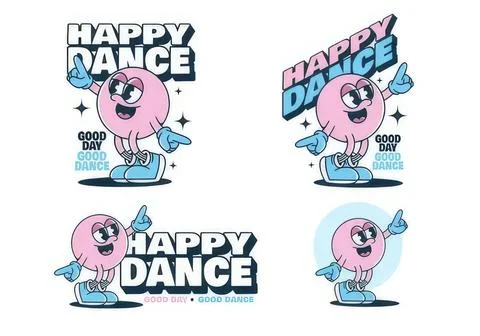 Cute pink character dancing with happy text and colorful background 库存插图