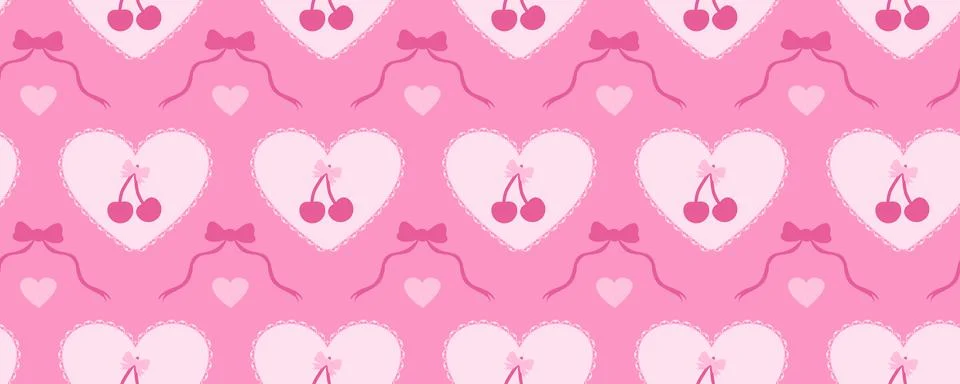 Cute Pink Cherry Bow Repeat Pattern Retro Girly Valentine Background Stock Illustration