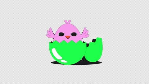 Cute pink chick emerging from cracked green eggshell 2D character animation Stock Footage 332272562