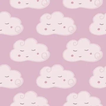 Cute pink cloud seamless pattern. Hand drawn character cloud sky wallpaper. P Stockillustratie