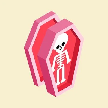 Cute pink coffin with a skeleton inside, minimalist vector illustration. Qu.. Stock Illustration