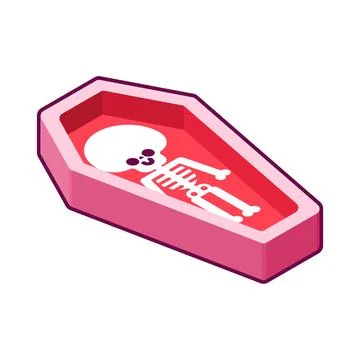 Cute pink coffin with skeleton inside. Kawaii vector illustration of a swee.. Stock Illustration