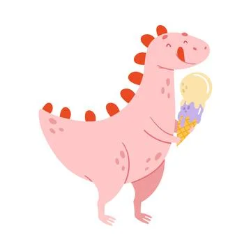 Cute pink comic dinosaur eating ice cream. Kids t-shirt print, books, stickers Stock Illustration