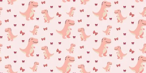 Cute pink dinosaur repeating pattern with small red butterflies on light Stock Illustration