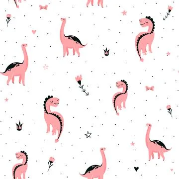 Cute pink dinosaurs seamless vector pattern with dots, crown, flower. Cool kid Illustrazione stock