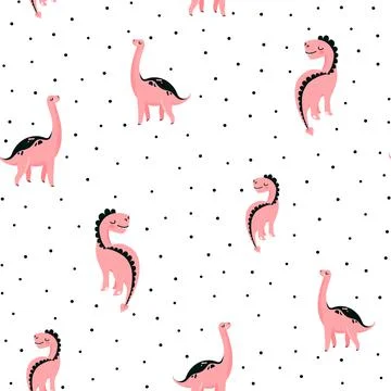 Cute pink dinosaurs seamless vector pattern with dots. Cool kid nursery dino Illustrazione stock