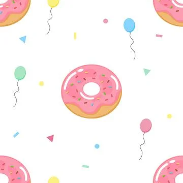 Cute Pink Donut Seamless Pattern Vector - Sweet Dessert with Balloons and C.. Stock-Illustration