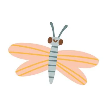 Cute pink dragonfly character vector illustration with big eyes and spread Stock Illustration