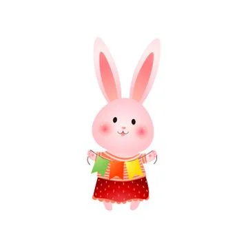 Cute pink easter bunny with three colored flags in hands isolated on white Stock Illustration