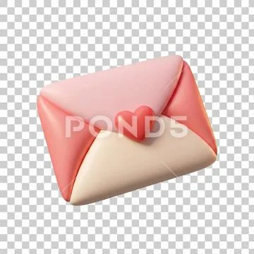Cute pink envelope with heart seal isolated on transparent background. Template PSD
