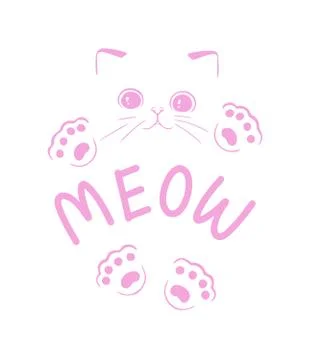 Cute pink funny kitten vector silhouette drawing illustration for kids Stock Illustration