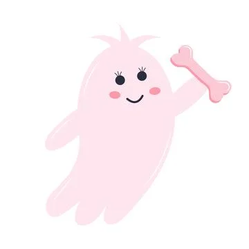 Cute pink ghost with a bone. Halloween character isolated on white background Stock Illustration