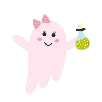 Cute pink ghost with a bottle of potion and hair bow. Halloween character i.. Stock Illustration