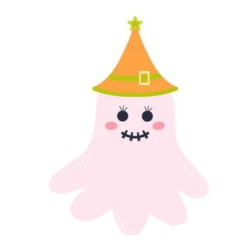 Cute pink ghost in a hat. Halloween character isolated on white background. Stock Illustration
