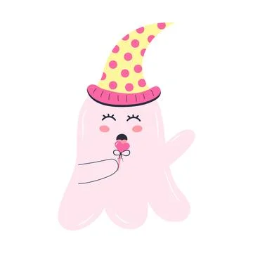 Cute pink ghost in a hat with a heart lollipop. Halloween character isolate.. Stock Illustration