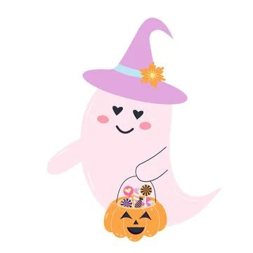 Cute pink ghost in a hat with pumpkin basket full of candies. Illustrazione stock