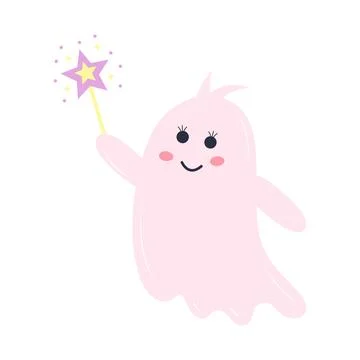 Cute pink ghost with a magic wand. Halloween character isolated on white ba.. Stock Illustration