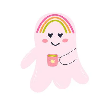 Cute pink ghost with a mug of tea and rainbow. Halloween character isolated.. Stock Illustration