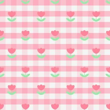 Cute Pink Gingham Tulip Pattern, Pastel Floral Seamless Background 스톡 일러스트