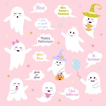 Cute pink halloween ghosts set with sayings in speech bubbles. Magic baby c.. Stock Illustration