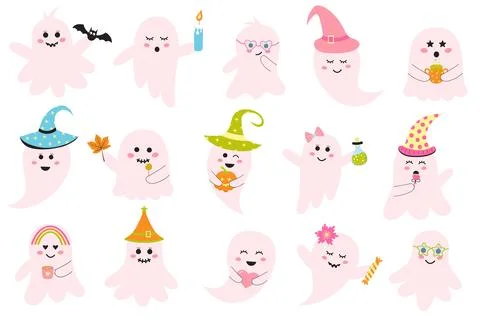 Cute pink halloween ghosts set. Creepy baby boo characters for kids. Magic .. イラスト素材