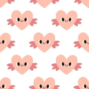 Cute pink heart with wings pattern on white. Vector seamless pattern with hearts Stock Illustration